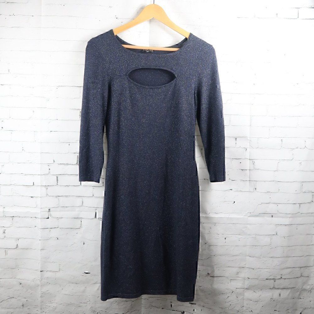 EXPRESS DARK BLUE CUT OUT  SPARKLY STRETCHY LONG SLEEVE MIDI DRESS SIZE SMALL